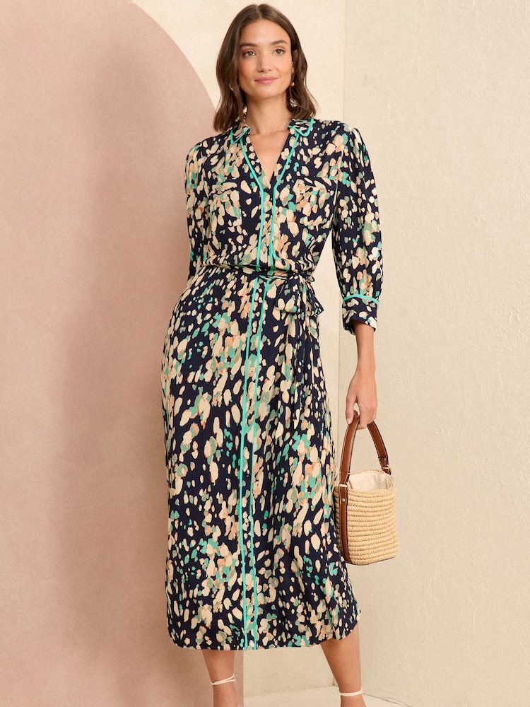Love & Roses Navy Blue Petite Printed Patch Pockets Shirt Dress - Image 1 of 4
