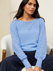 Love & Roses Blue Pointelle Knit Scallop Neck Jumper - Image 1 of 4