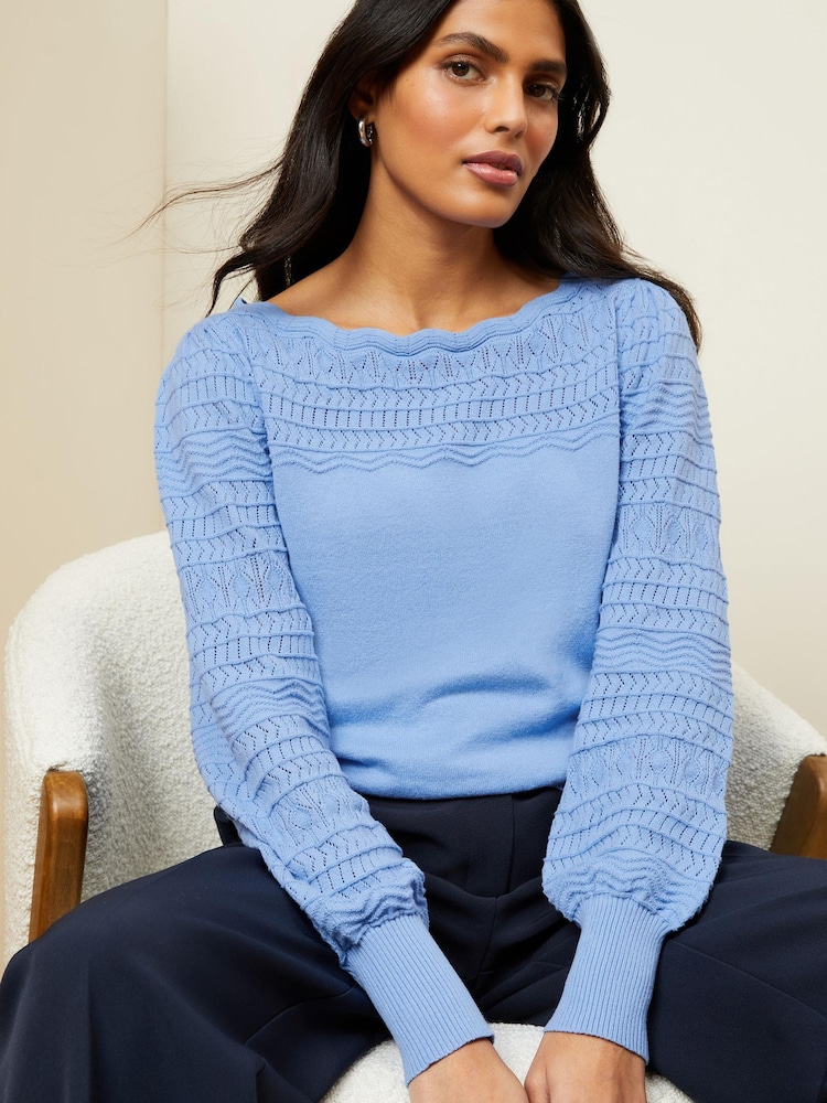 Love & Roses Blue Pointelle Knit Scallop Neck Jumper - Image 1 of 4