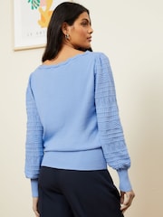 Love & Roses Blue Pointelle Knit Scallop Neck Jumper - Image 3 of 4