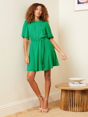 Love & Roses Green Petite Dobby Puff Sleeve Belted Mini Dress - Image 4 of 4
