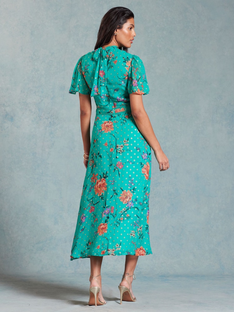 Love & Roses Green Floral Petite Printed Metallic Flutter Sleeve Midi Dress - Image 2 of 4
