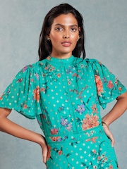 Love & Roses Green Floral Petite Printed Metallic Flutter Sleeve Midi Dress - Image 3 of 4
