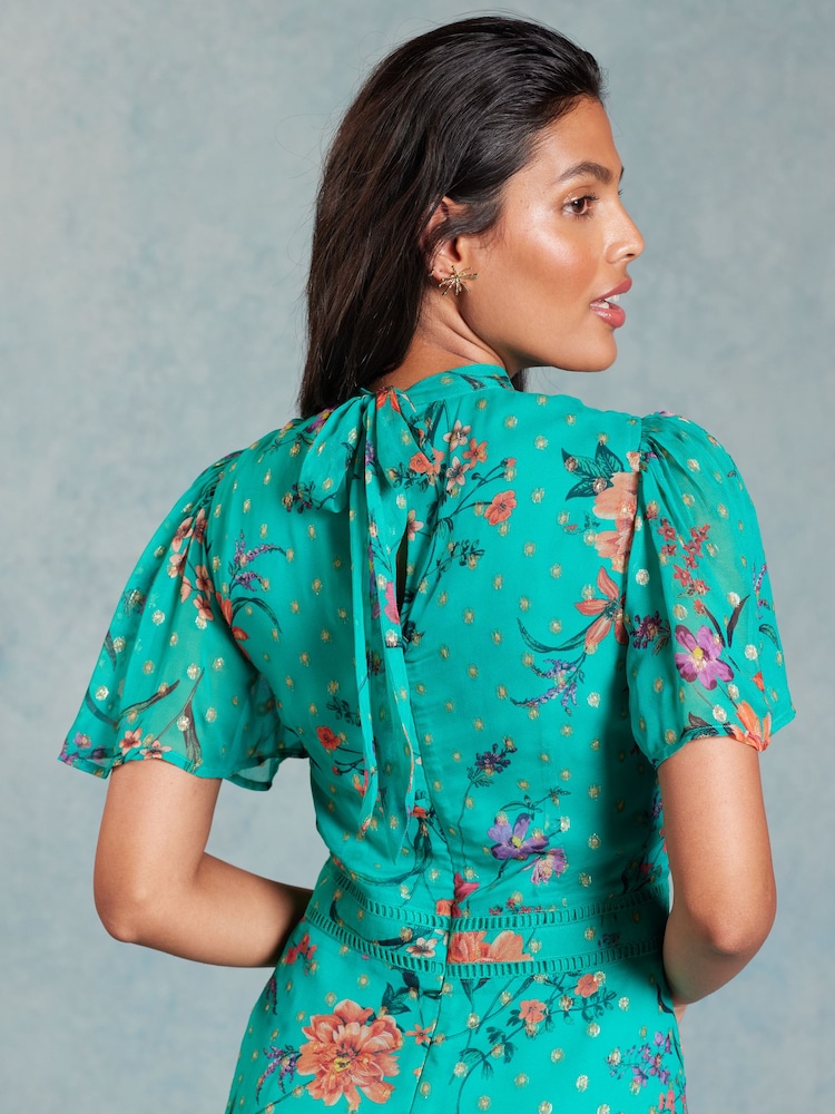 Love & Roses Green Floral Petite Printed Metallic Flutter Sleeve Midi Dress - Image 4 of 4