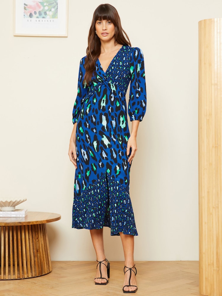 Love & Roses Navy Blue Twist Detail V Neck Front Split Midi Dress - Image 1 of 4