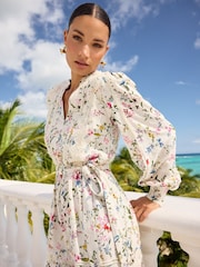 V&A | Love & Roses Ivory White Floral Petite Linen Blend V Neck Lace Trim Belted Mini Dress - Image 1 of 4