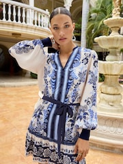 V&A | Love & Roses Blue Paisley Petite Printed V Neck Belted Mini Dress - Image 1 of 4