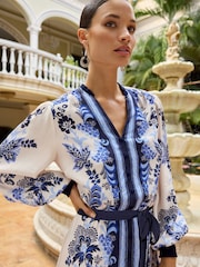 V&A | Love & Roses Blue Paisley Petite Printed V Neck Belted Mini Dress - Image 2 of 4