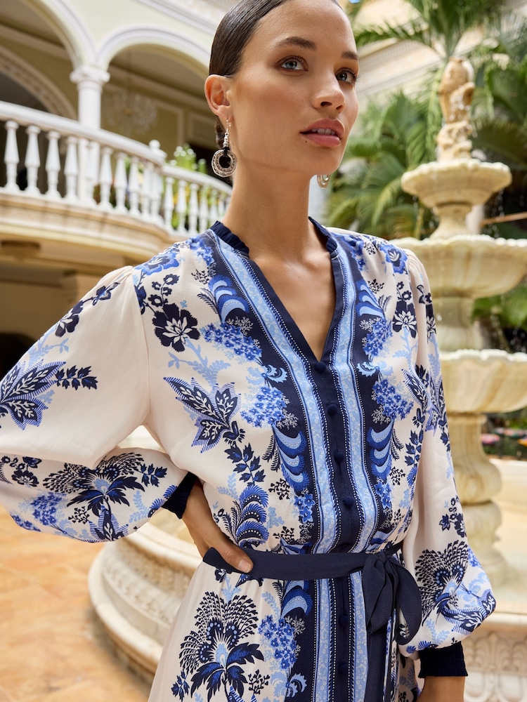 V&A | Love & Roses Blue Paisley Petite Printed V Neck Belted Mini Dress - Image 2 of 4