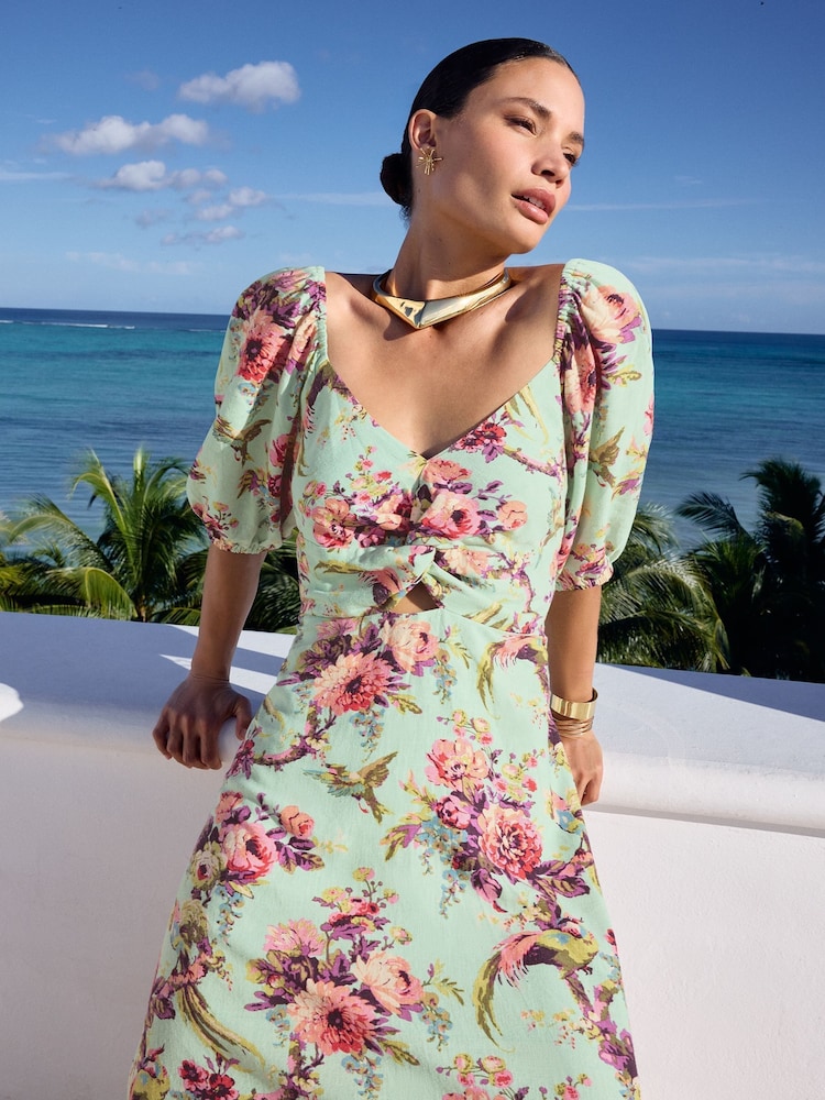 V&A | Love & Roses Lenjerie de pat Blend Printed Twist Front Mânecă bufantă Midi Rochie - Image 1 of 4
