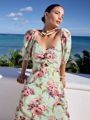 V&A | Love & Roses Lenjerie de pat Blend Printed Twist Front Mânecă bufantă Midi Rochie - Image 2 of 4