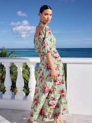 V&A | Love & Roses Lenjerie de pat Blend Printed Twist Front Mânecă bufantă Midi Rochie - Image 3 of 4