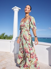 V&A | Love & Roses Lenjerie de pat Blend Printed Twist Front Mânecă bufantă Midi Rochie - Image 4 of 4