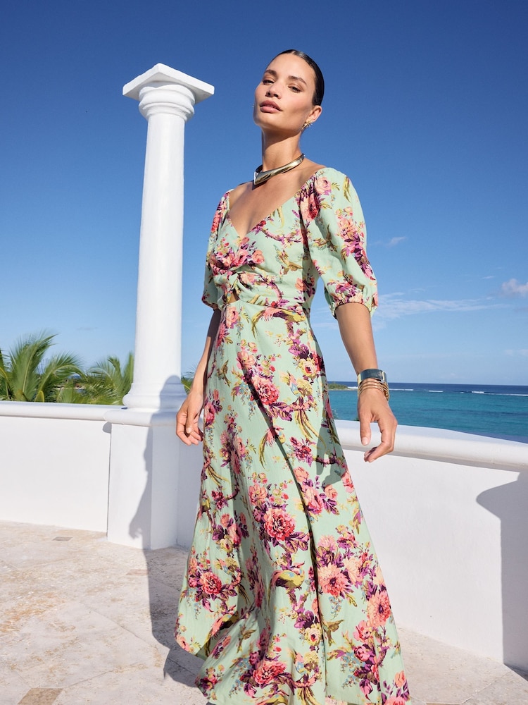 V&A | Love & Roses Lenjerie de pat Blend Printed Twist Front Mânecă bufantă Midi Rochie - Image 4 of 4