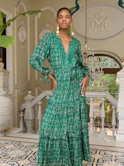 V&A | Love & Roses Green Floral Petite Printed V Neck Metallic Tie Cuff Midi Dress - Image 1 of 4