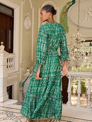 V&A | Love & Roses Green Floral Petite Printed V Neck Metallic Tie Cuff Midi Dress - Image 3 of 4