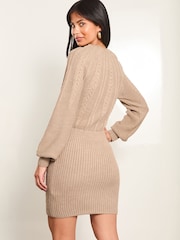 Lipsy Neutral Petite Blouson Sleeve Cable Knitted Crew Neck Jumper Dress - Image 3 of 4