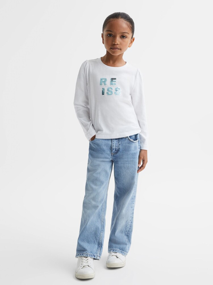 Reiss White Ria 9-13 yrs Cotton Sequin Motif Top - Image 1 of 6