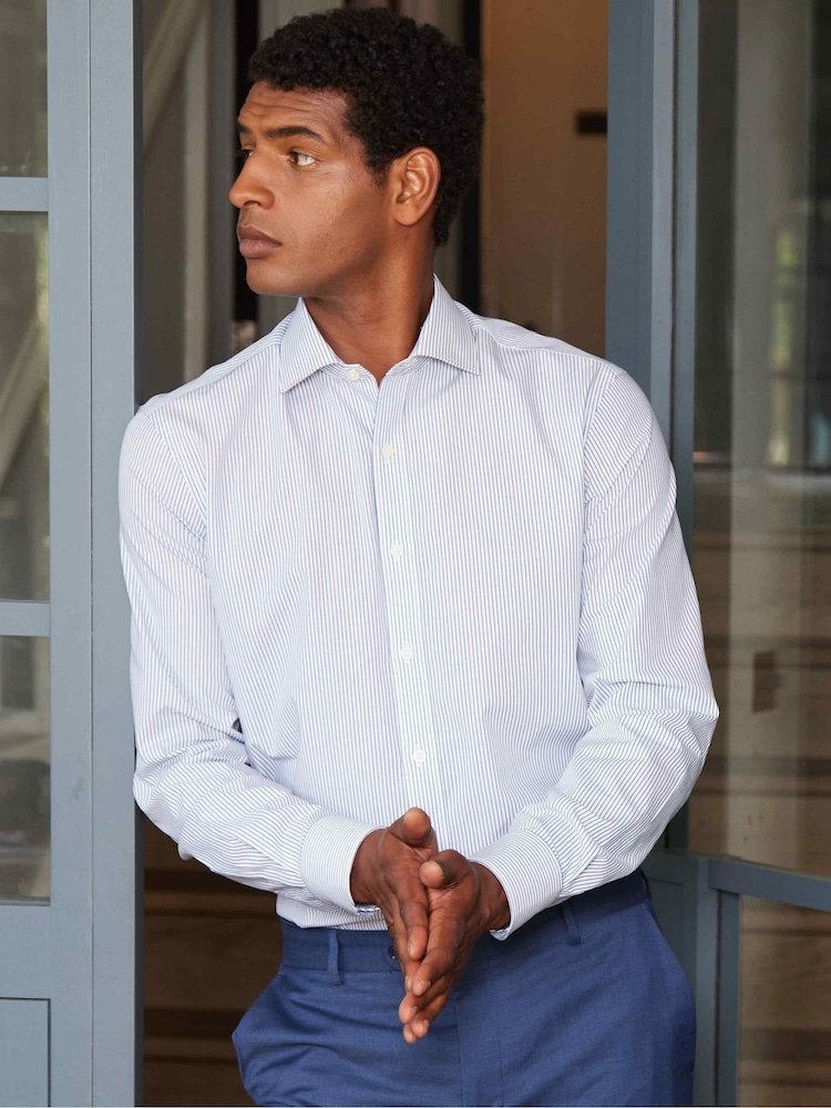 Savile Row Company Slim Fit Blue 100% Cotton Stripe Single Cuff Formal Shirt - Image 1 of 5