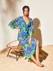 Lipsy Blue Green Petite Printed V Neck Split Detail Cover Up - Image 3 of 4