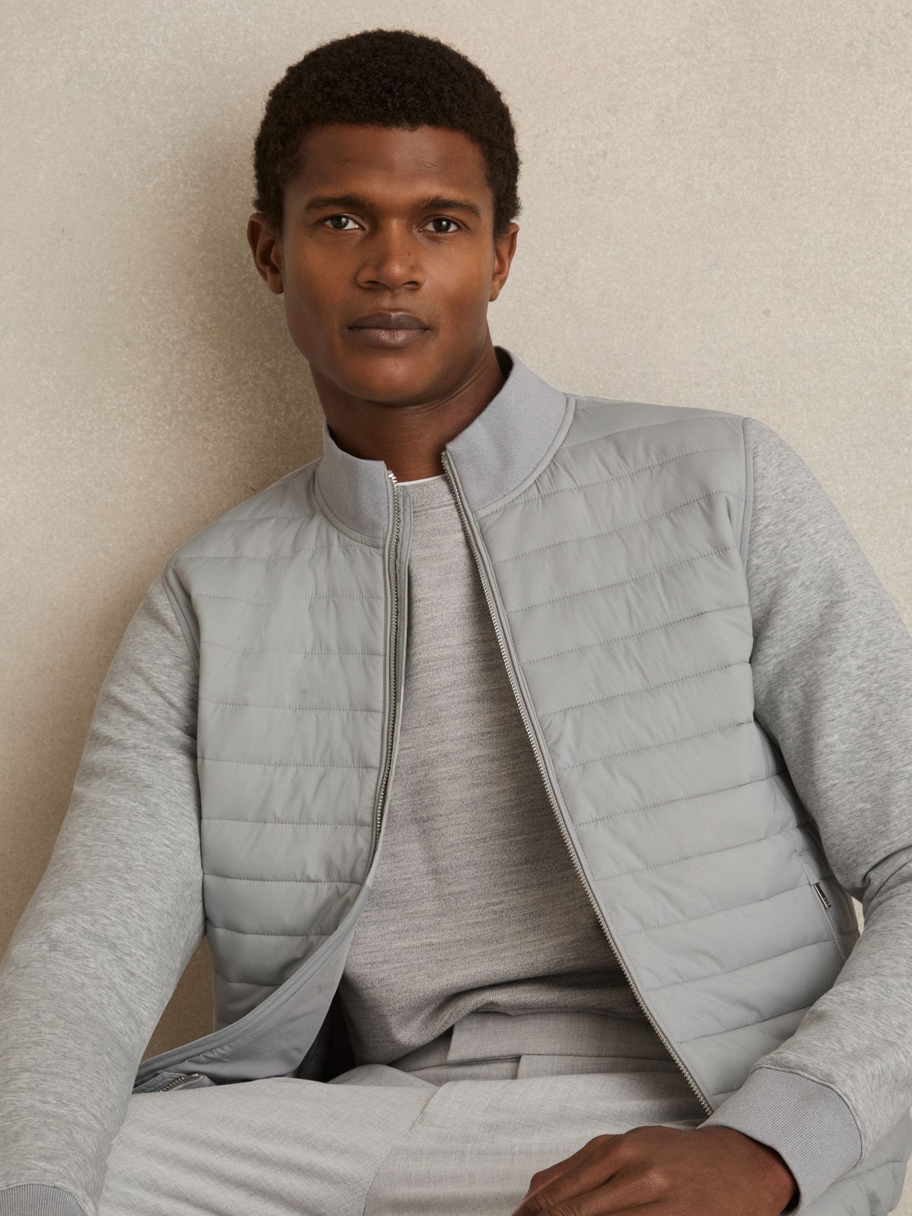 Buy Reiss Soft Grey Melange Freddie Hybrid Quilt and Knit Zip-Through Jacket  from Next Luxembourg