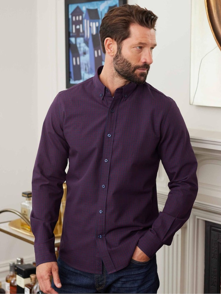 Savile Row Company Purple 100% Cotton Gingham Check Casual Oxford Shirt - Image 2 of 5