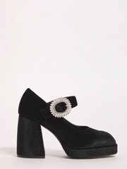 Simply Be Black Extra Wide Fit Platform Heeled Mary Jane Shoes With Diamanté Buckle - Image 1 of 3