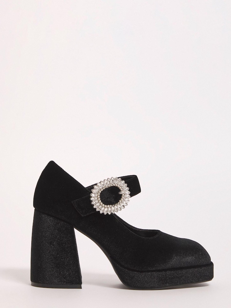 Simply Be Black Extra Wide Fit Platform Heeled Mary Jane Shoes With Diamanté Buckle - Image 1 of 3