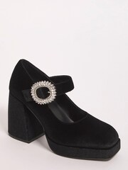 Simply Be Black Extra Wide Fit Platform Heeled Mary Jane Shoes With Diamanté Buckle - Image 2 of 3