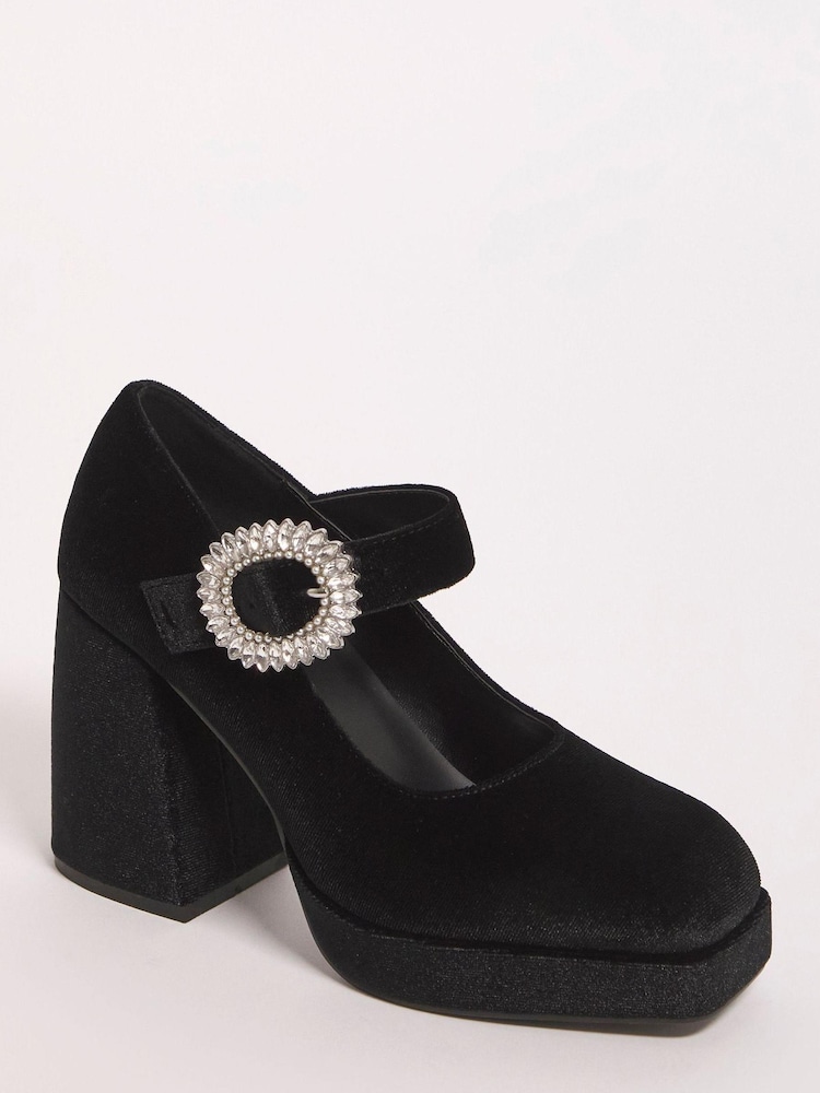 Simply Be Black Extra Wide Fit Platform Heeled Mary Jane Shoes With Diamanté Buckle - Image 2 of 3