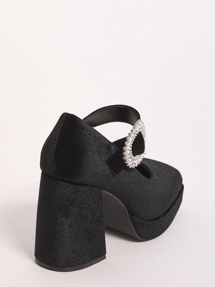 Simply Be Black Extra Wide Fit Platform Heeled Mary Jane Shoes With Diamanté Buckle - Image 3 of 3