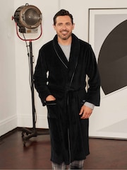 Savile Row Company Fleece Black Dressing Gown With Grey Piping - Image 1 of 4