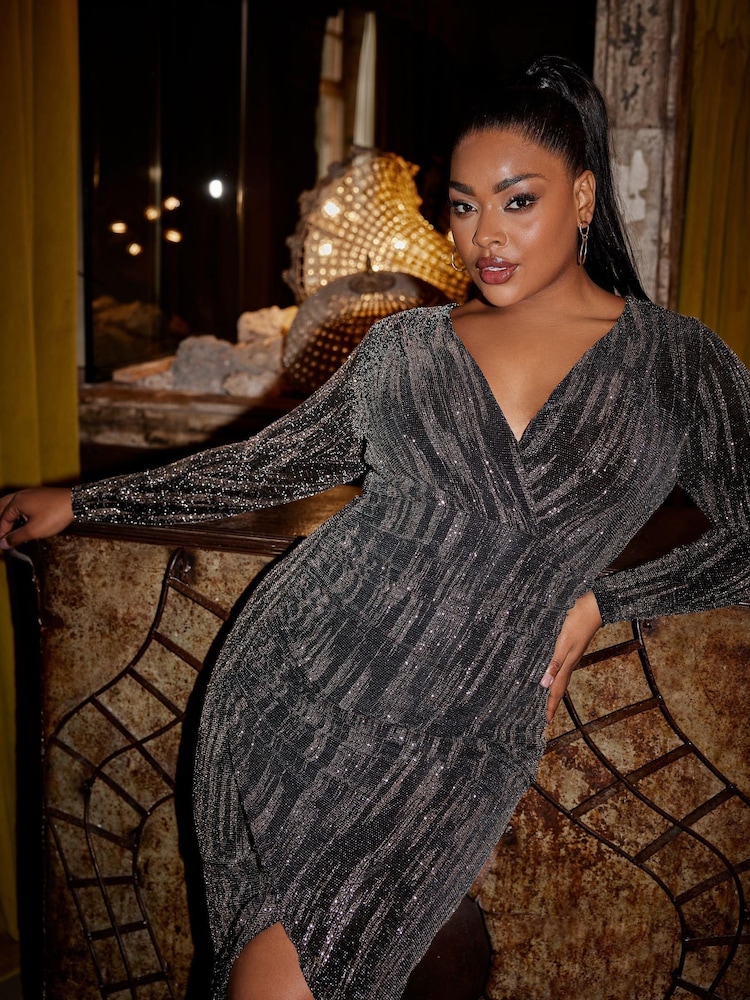 Yours Curve Black London Glitter Wrap Dress - Image 1 of 6