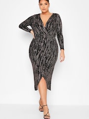 Yours Curve Black London Glitter Wrap Dress - Image 4 of 6