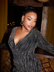 Yours Curve Black London Glitter Wrap Dress - Image 5 of 6