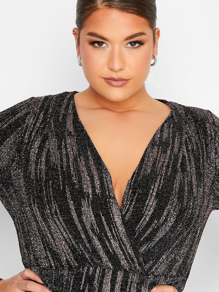 Yours Curve Black London Glitter Wrap Dress - Image 6 of 6