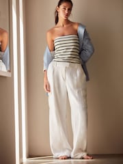 White Linen Blend Cargo Wide Leg Trousers - Image 1 of 7