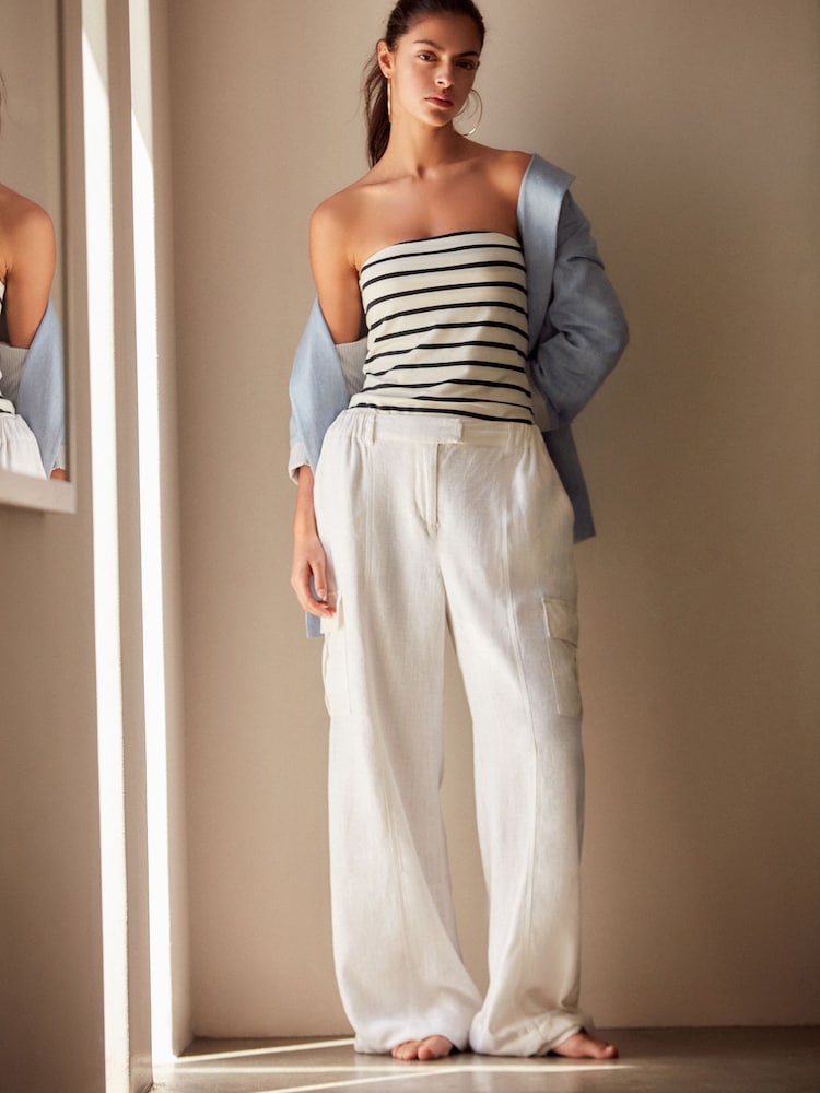 White Linen Blend Cargo Wide Leg Trousers - Image 1 of 7