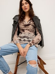 Brown Tie Dye Cowl Neck Sheer Embellished Brown Blouse - Image 2 of 7