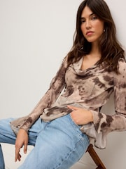 Brown Tie Dye Cowl Neck Sheer Embellished Brown Blouse - Image 3 of 7