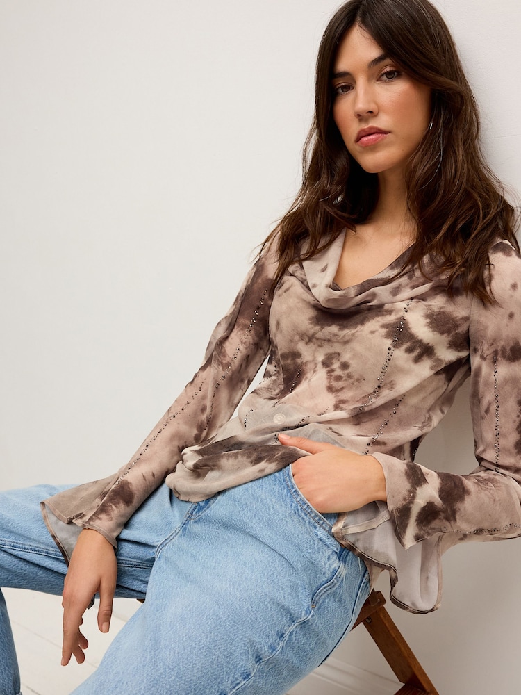 Brown Tie Dye Cowl Neck Sheer Embellished Brown Blouse - Image 3 of 7