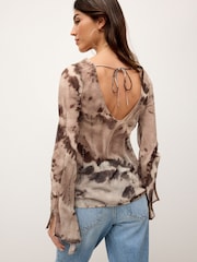 Brown Tie Dye Cowl Neck Sheer Embellished Brown Blouse - Image 4 of 7