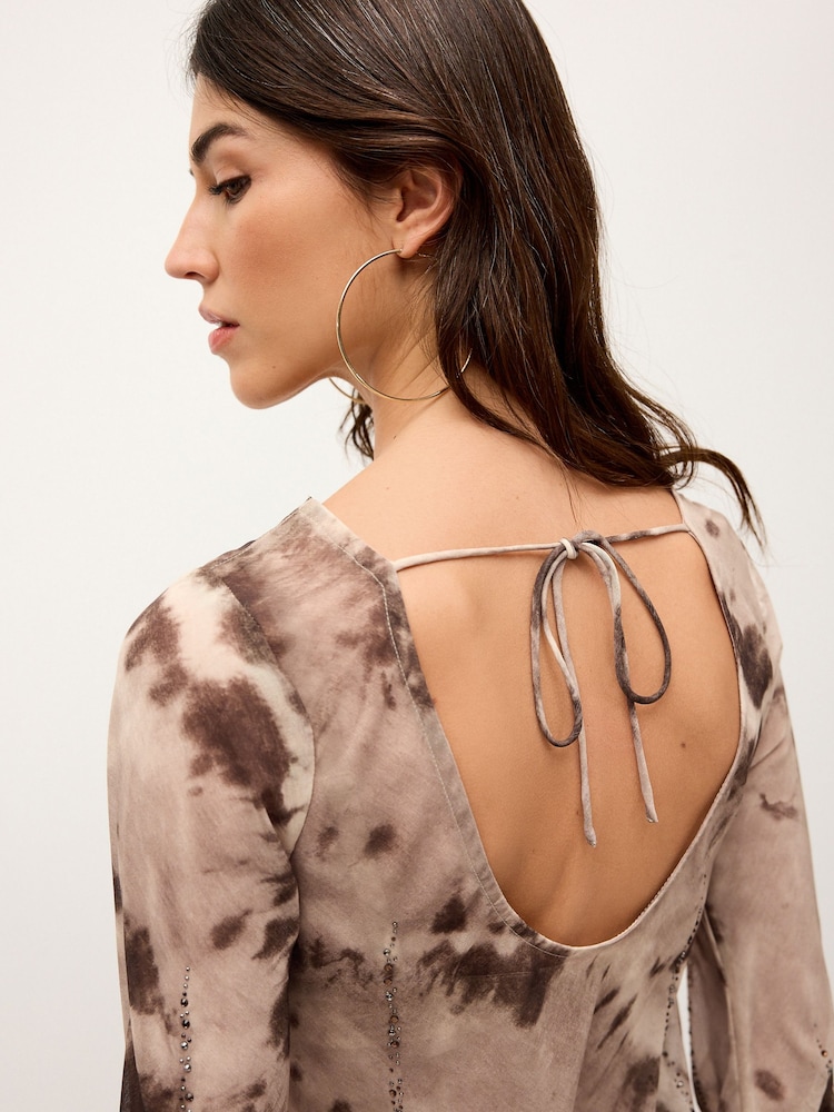 Brown Tie Dye Cowl Neck Sheer Embellished Brown Blouse - Image 5 of 7