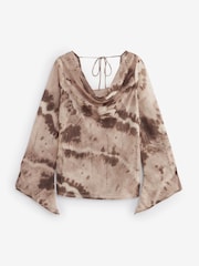 Brown Tie Dye Cowl Neck Sheer Embellished Brown Blouse - Image 6 of 7