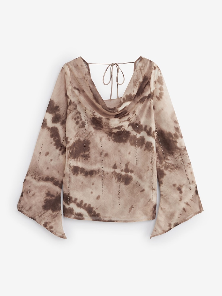 Brown Tie Dye Cowl Neck Sheer Embellished Brown Blouse - Image 6 of 7