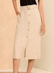 Love & Roses Neutral Tailored Pinstripe Belted Button Through Midi Skirt With Linen - Image 1 of 4