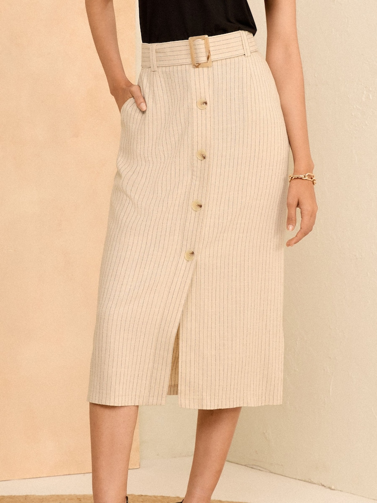 Love & Roses Neutral Tailored Pinstripe Belted Button Through Midi Skirt With Linen - Image 1 of 4