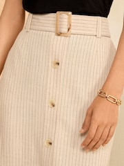 Love & Roses Neutral Tailored Pinstripe Belted Button Through Midi Skirt With Linen - Image 2 of 4