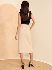 Love & Roses Neutral Tailored Pinstripe Belted Button Through Midi Skirt With Linen - Image 3 of 4