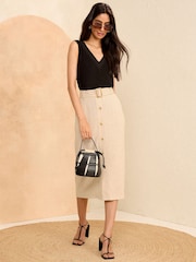 Love & Roses Neutral Tailored Pinstripe Belted Button Through Midi Skirt With Linen - Image 4 of 4